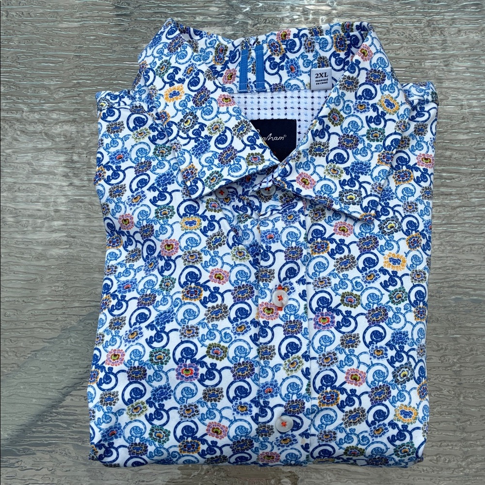 Robert Graham Blue & Multi-Colored Abstract Floral & Swirl Pattern Long Sleeve